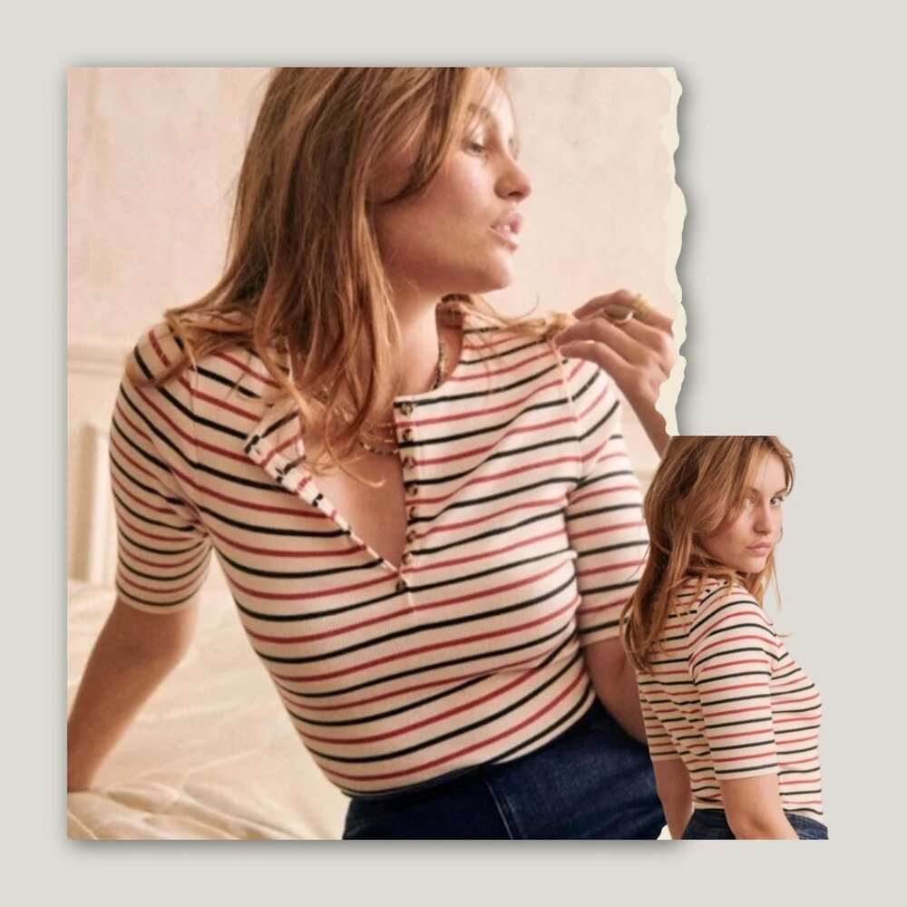 NWT Sezane Theodora ribbed henley in ecru, red and navy stripe US Size Medium